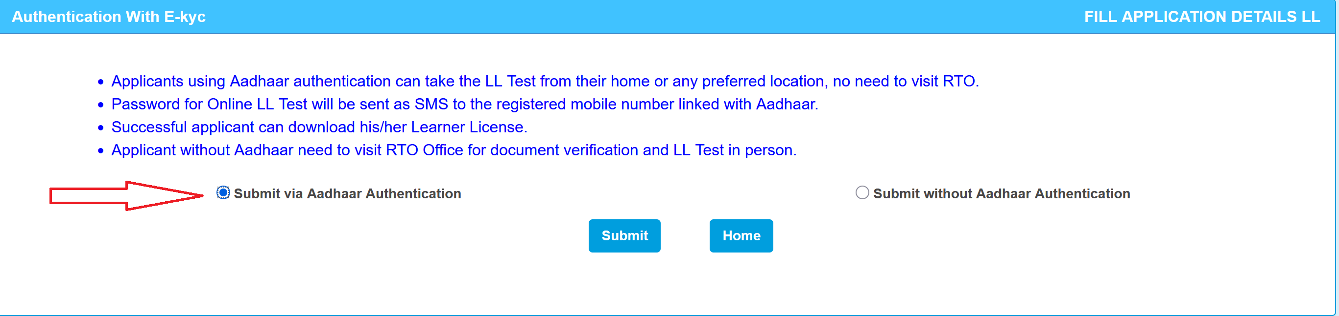 Submit LL Application via Aadhaar Authentication