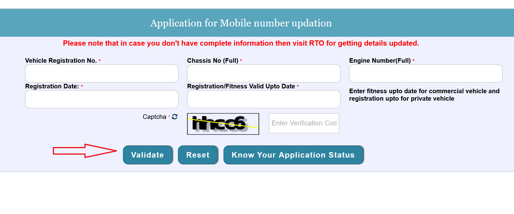Application for Mobile number updation in RC